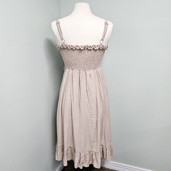 Blu Ivy Smocked Ruffle Midi Dress Beige Latte Cottagecore Bohemian Summer Beach - Picture 9 of 16